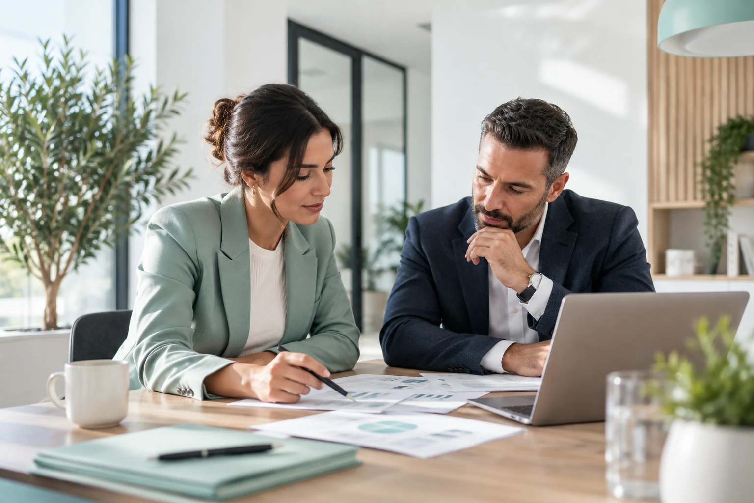 Sfeerbeeld van twee personen die financiële documenten bespreken.